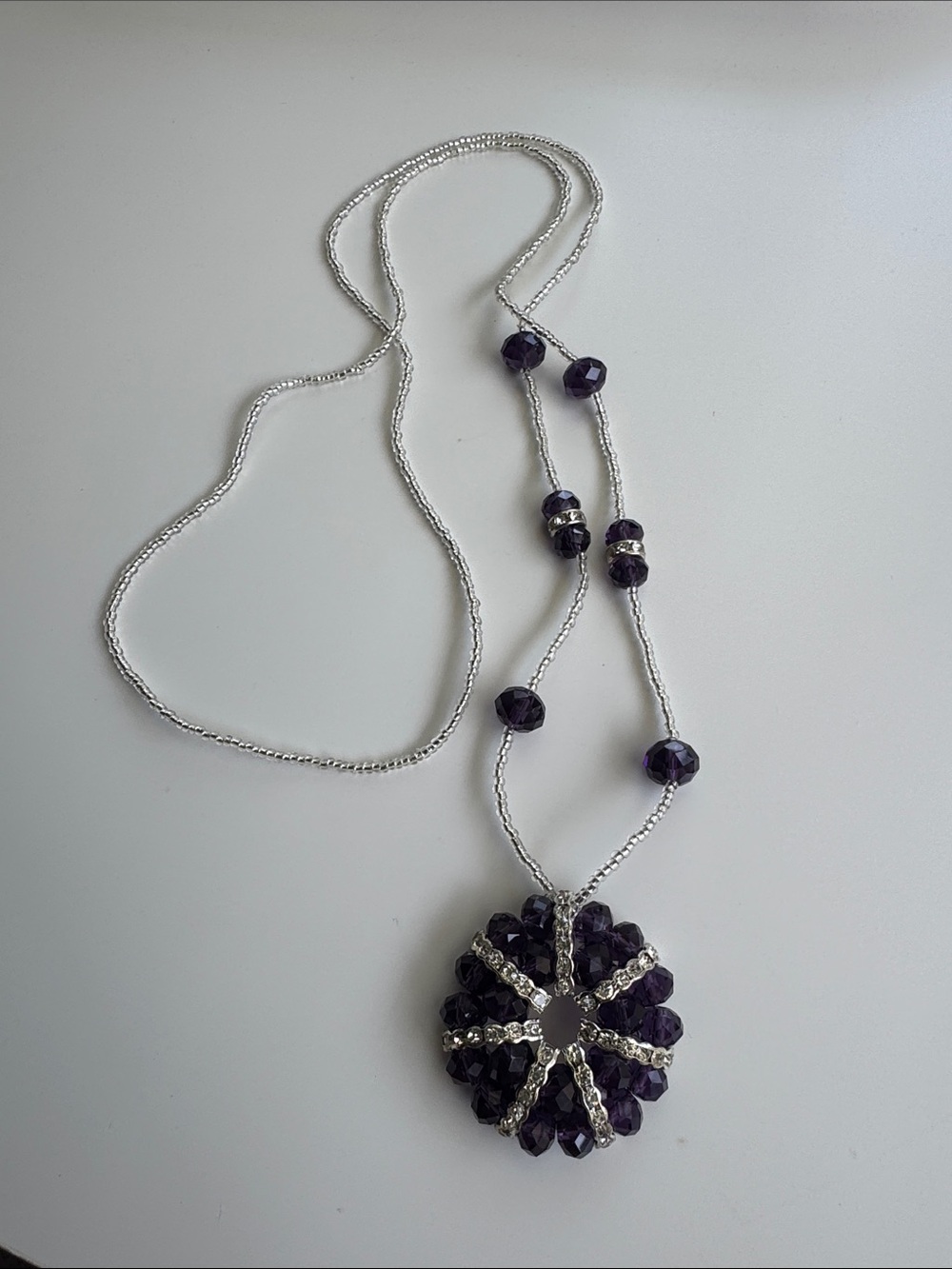 Purple Beaded Pendant Necklace with Silver Accents